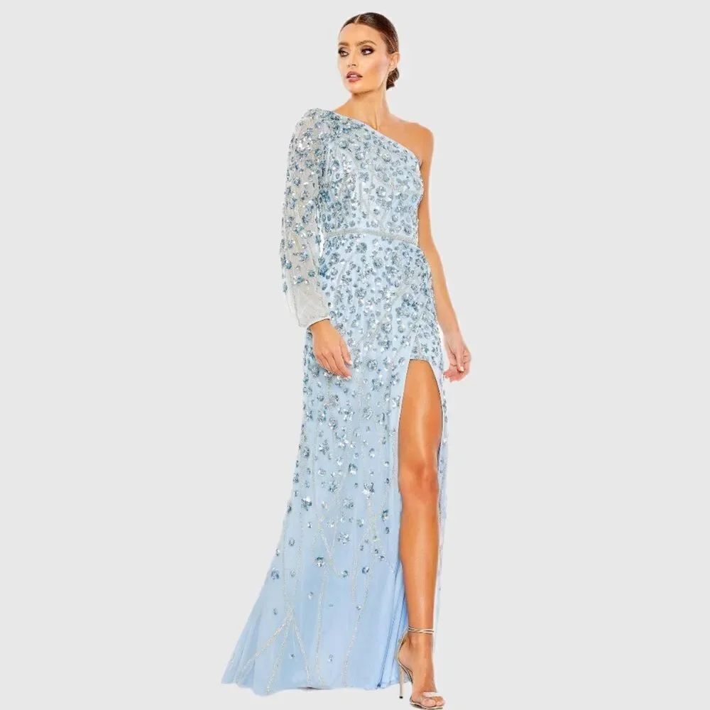 MAC DUGGAL  Blue Embellished One Sleeve Faux Wrap Gown Dress 8